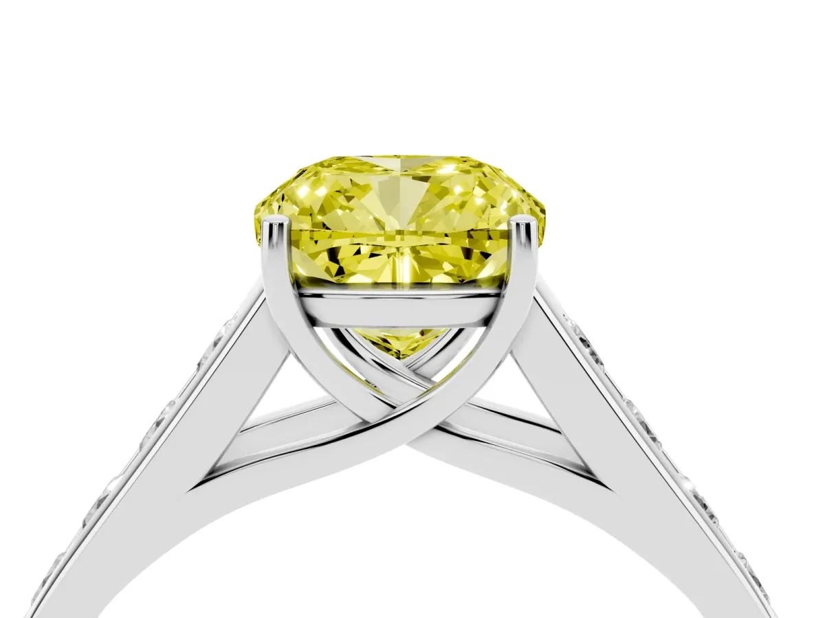 Fancy Yellow Cushion Cut Brilliant Channel-Set Solitaire Ring with Four-Prong Setting Platinum