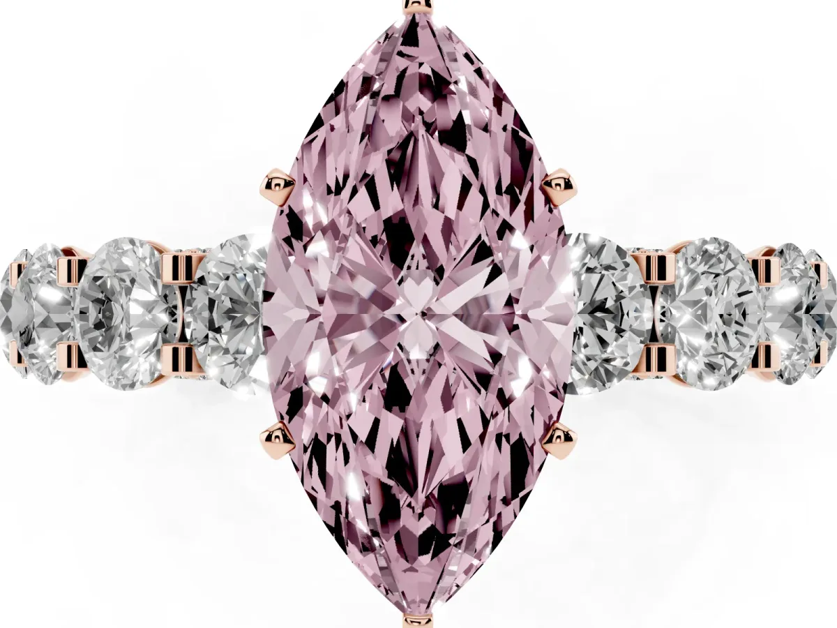 Fancy Pink Marquise Cut Diamond Side Stone Engagement Ring with Four-Prong Setting Rose gold