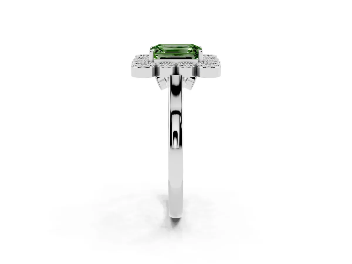 Fancy Green Emerald Cut Halo Diamond Cluster Engagement Ring with Milgrain Bezel Setting and Solitaire Band Platinum
