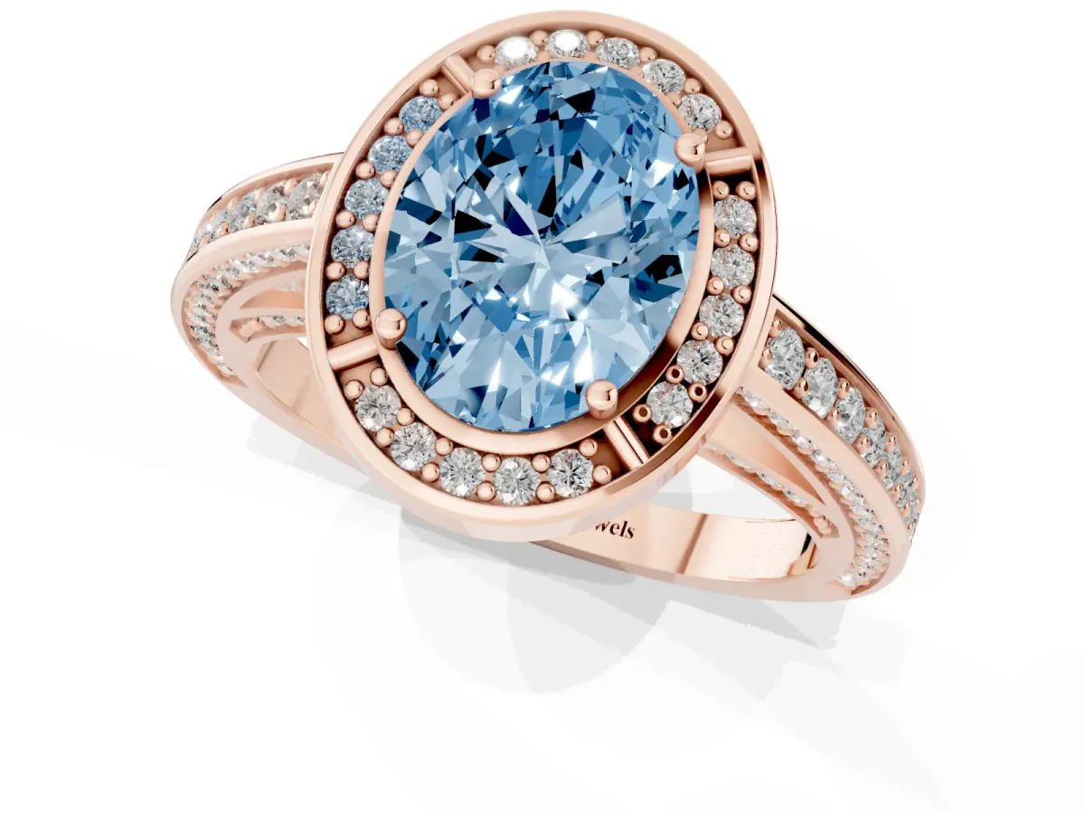 Fancy Blue Oval Cut Cut Halo Pave Split Shank Prong Setting Ring Rose gold