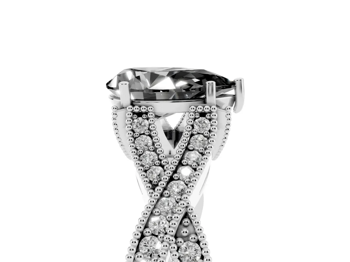 Fancy Black Pear Cut Cut Diamond Twisted Band with Milgrain Pave Setting and Four-Prong Setting Silver