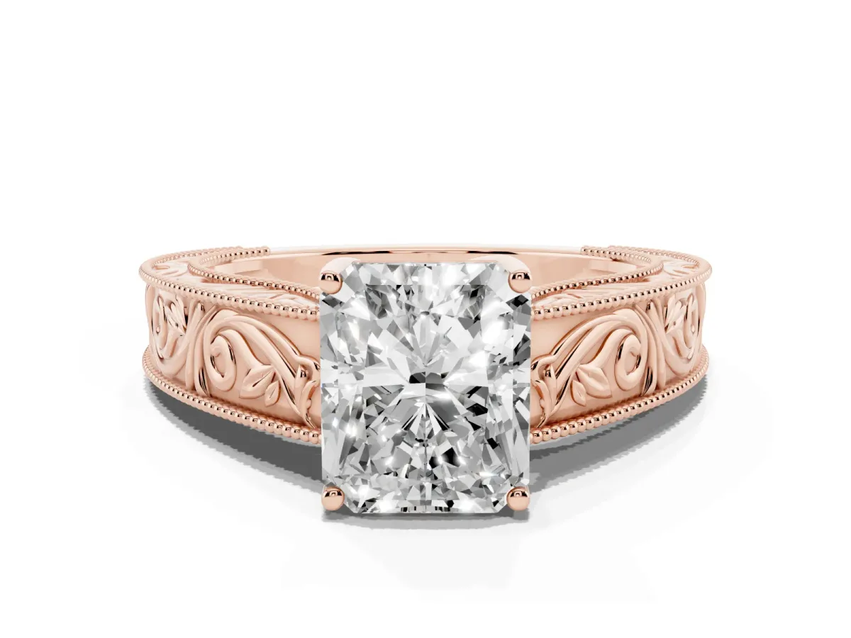 Radiant Cut Diamond Solitaire Ring with Engraved Band and Four-Prong Setting Rose gold