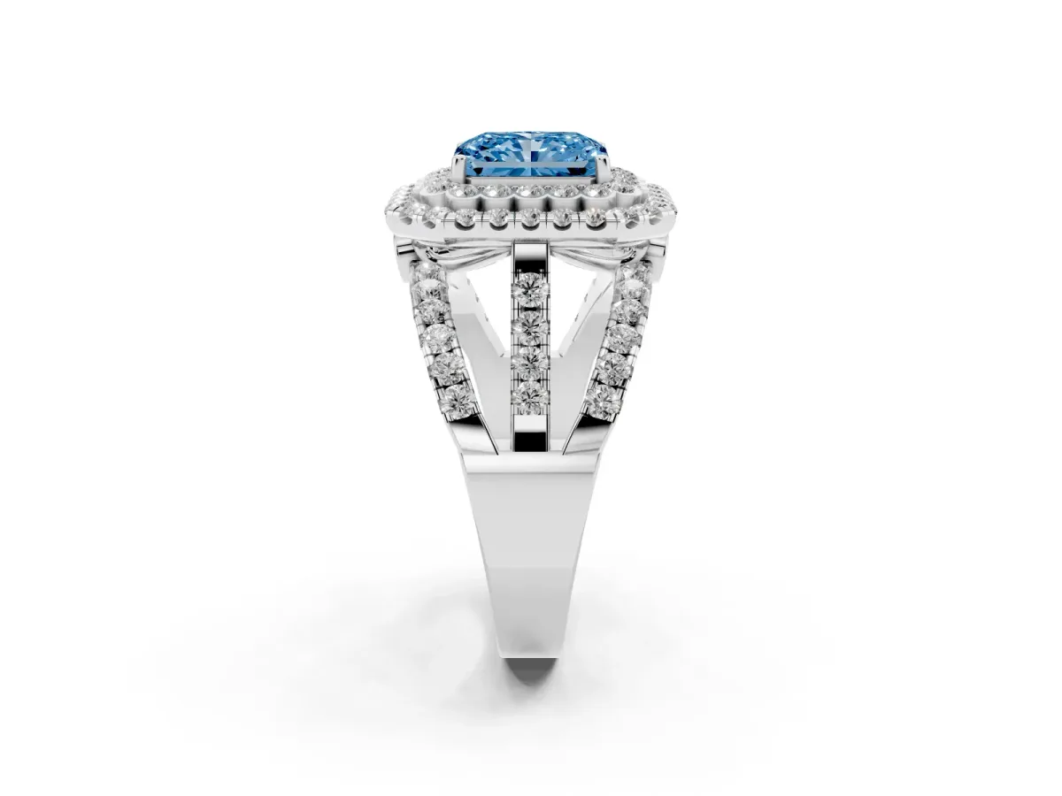 Fancy Blue Radiant Cut Diamond Double Halo Ring with Round Pavé Split Shank and Prong Setting Silver
