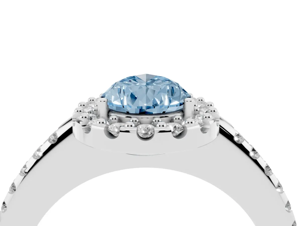 Fancy Blue Pear Cut Diamond Pavé Halo Ring with Four-Prong Setting Silver