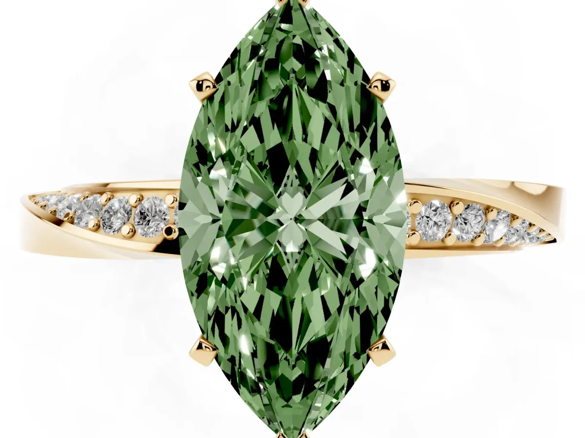 Fancy Green Marquise Cut Diamond Engagement Ring with Side Stone Accents and Four-Prong Setting Yellow gold