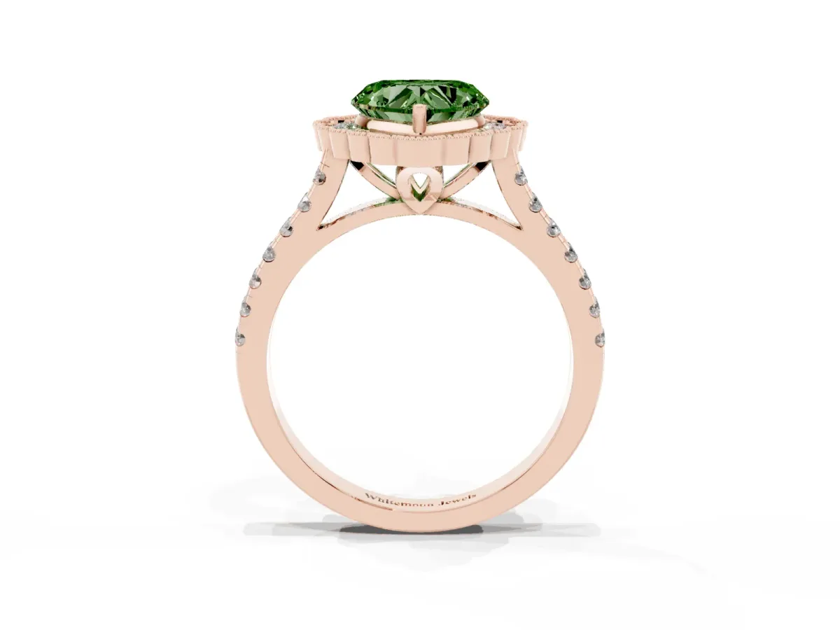 Fancy Green Heart Cut Cut Diamond Milgrain Floral Halo Engagement Ring with Pavé Band Rose gold