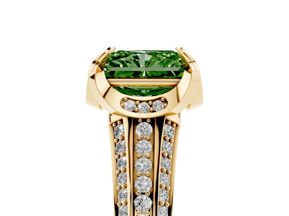 Fancy Green Radiant Cut Solitaire Pave Split Shank Ring with Four-Prong Setting Yellow gold