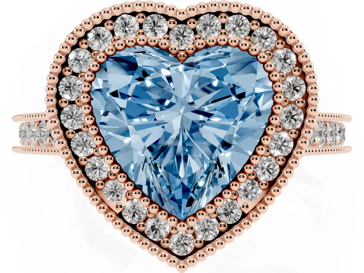 Fancy Blue Halo Heart Cut-Cut Diamond Pave Band Milgrain Prong Setting Ring Rose gold