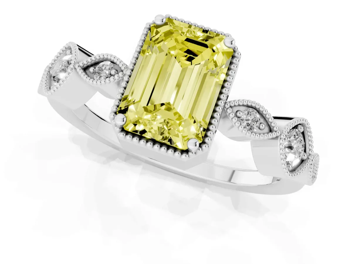 Fancy Yellow Emerald Cut Diamond Vintage Milgrain Ring with Round Stations White gold