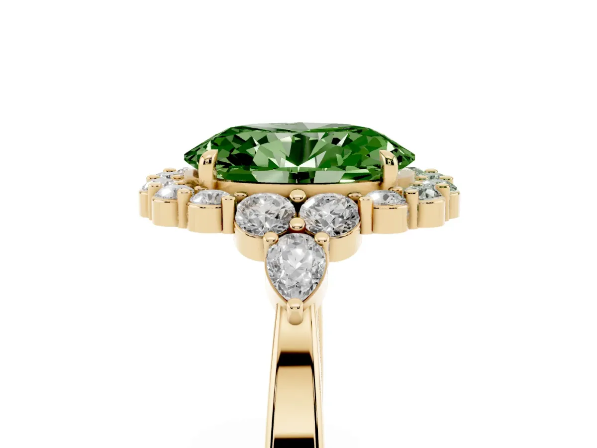 Fancy Green Oval Cut Diamond Halo Ring with Pear Side Stones and Prong Setting Yellow gold