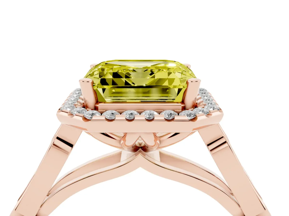 Fancy Yellow Asscher Cut Halo Diamond Engagement Ring with Filigree Band and Four-Prong Setting Rose gold