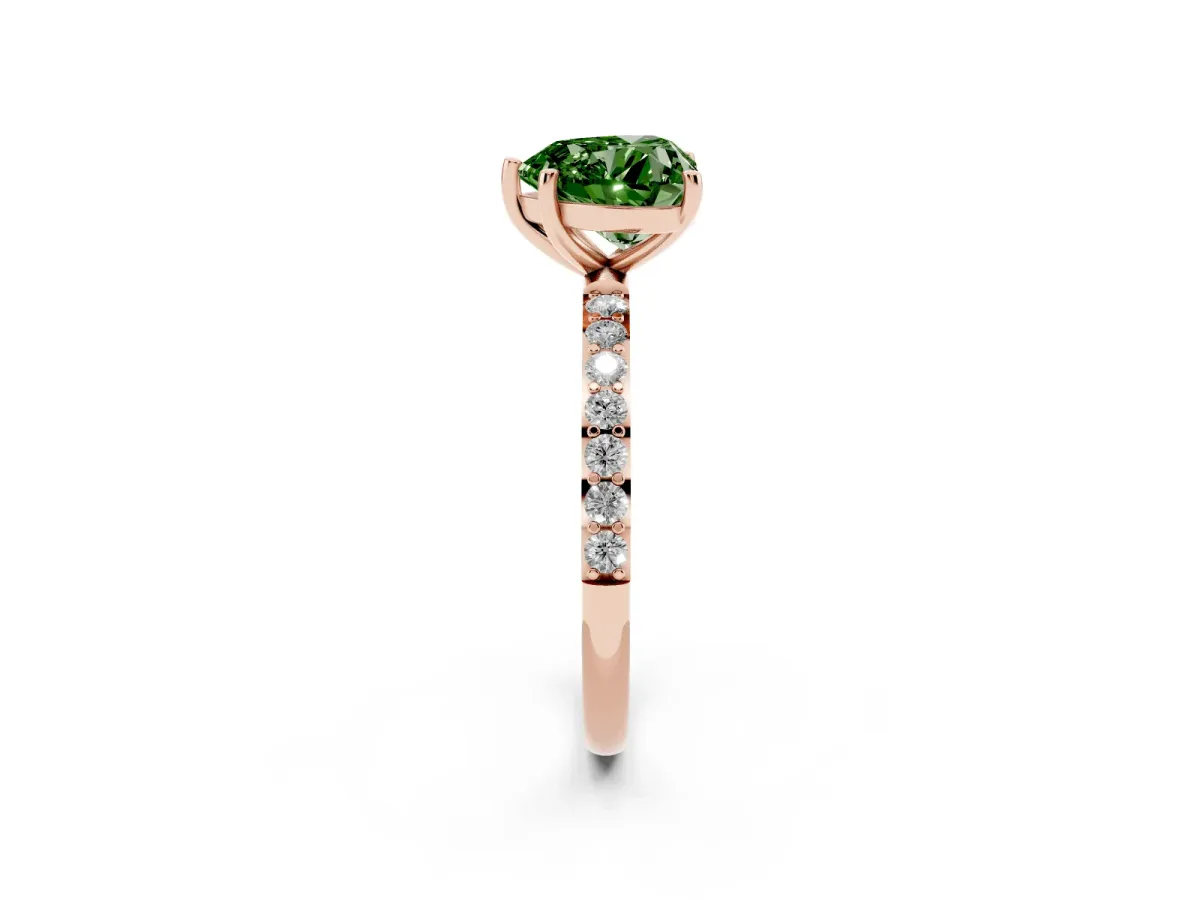 Fancy Green Heart Cut Diamond Solitaire Ring with Round Pavé Shoulders and Prong Setting Rose gold