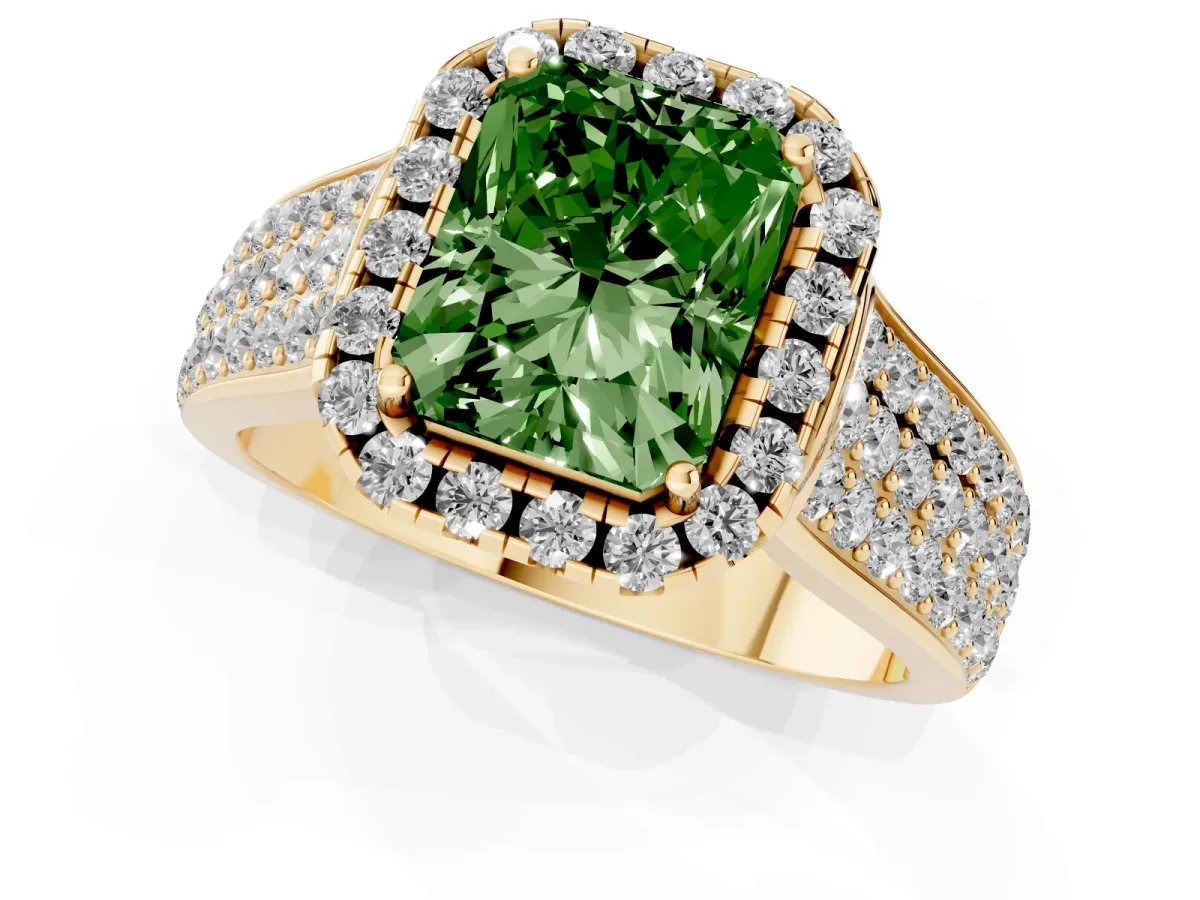 Fancy Green Radiant Cut Halo Round Diamond Pave Band with Prong Setting Yellow gold