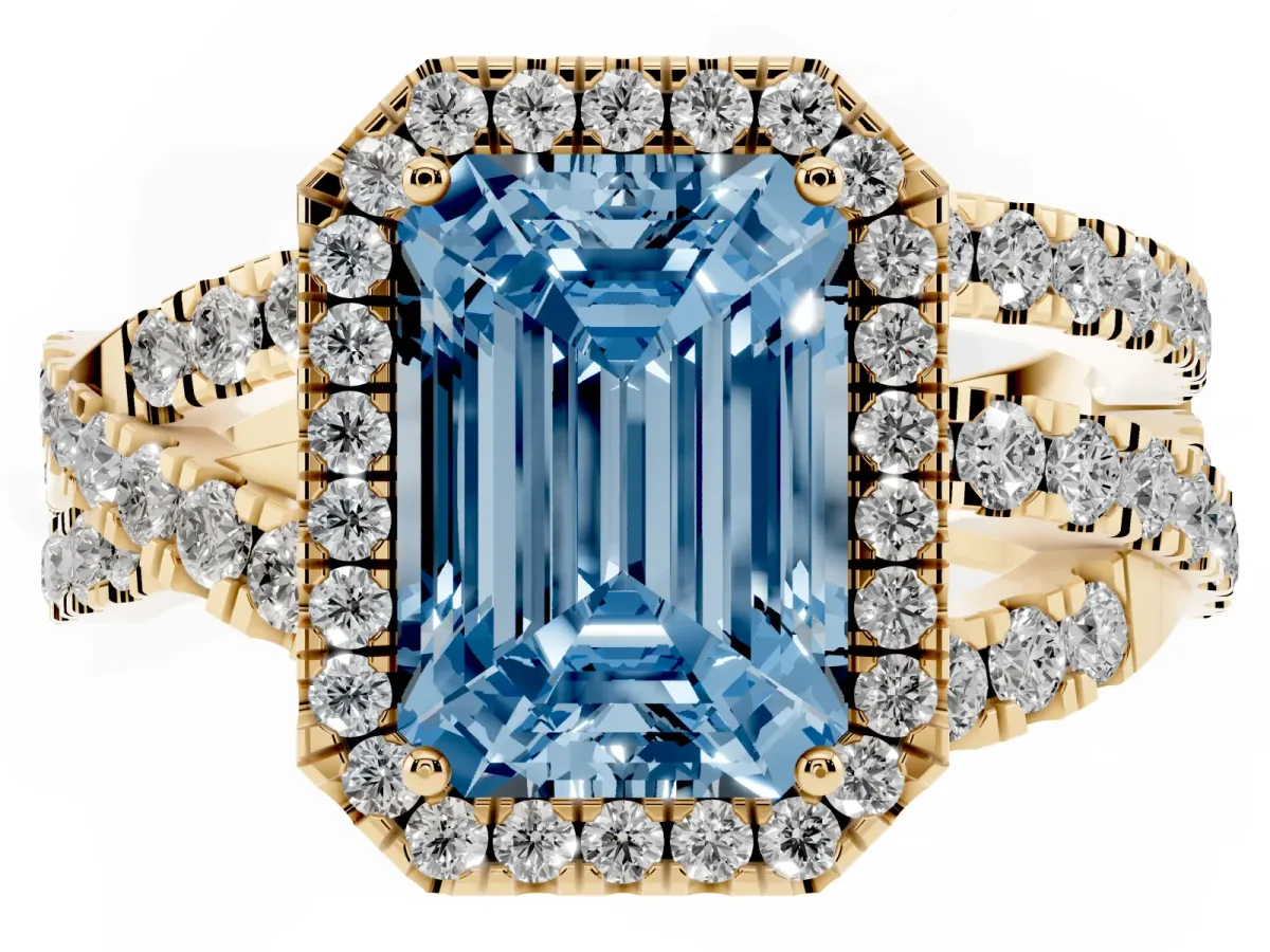 Fancy Blue Emerald Cut Diamond Halo Ring with Round Split Shank and Prong Setting Yellow gold