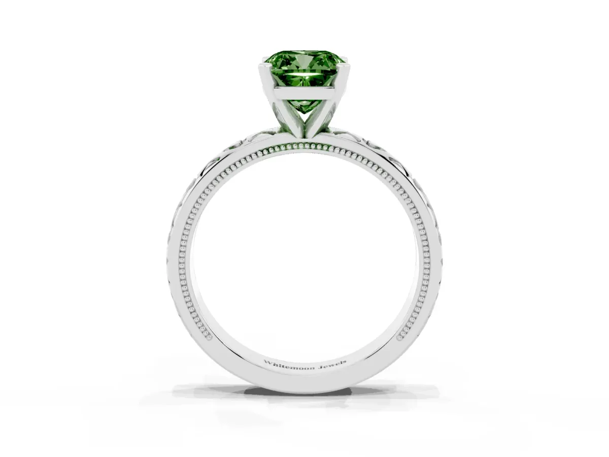 Fancy Green Cushion Cut Solitaire Diamond Engagement Ring with XO Engraved Band and Four-Prong Setting Platinum
