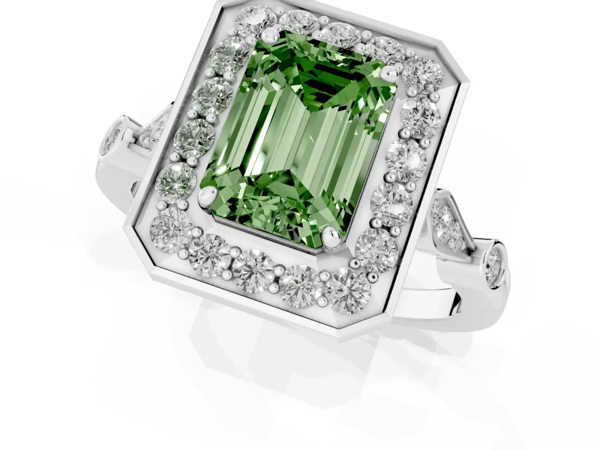 Fancy Green Emerald Cut Halo Diamond Engagement Ring with Twisted Band and Four-Prong Setting White gold