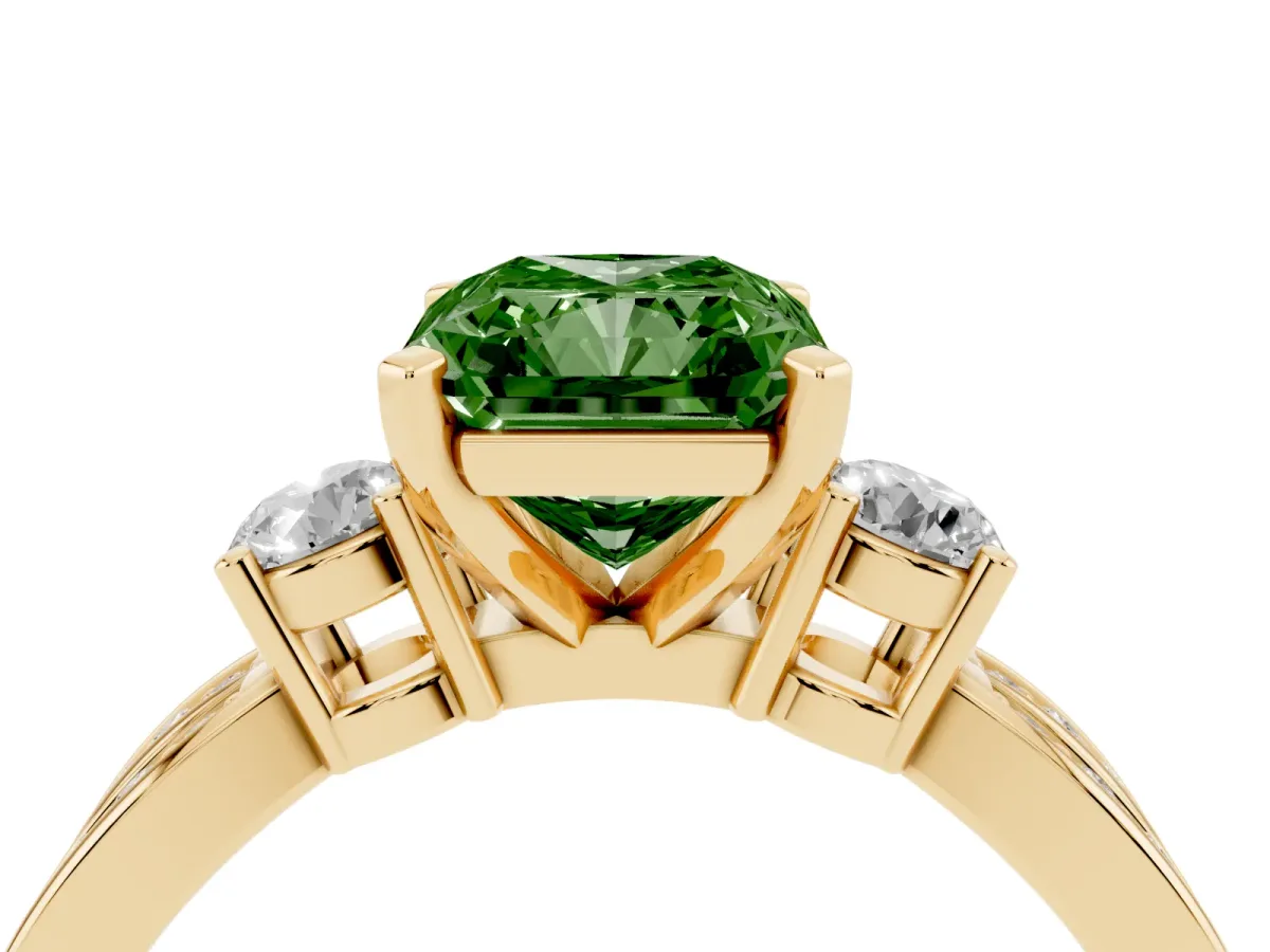 Fancy Green Three-Stone Radiant Cut Cut Diamond Twist Band with Prong Setting Yellow gold