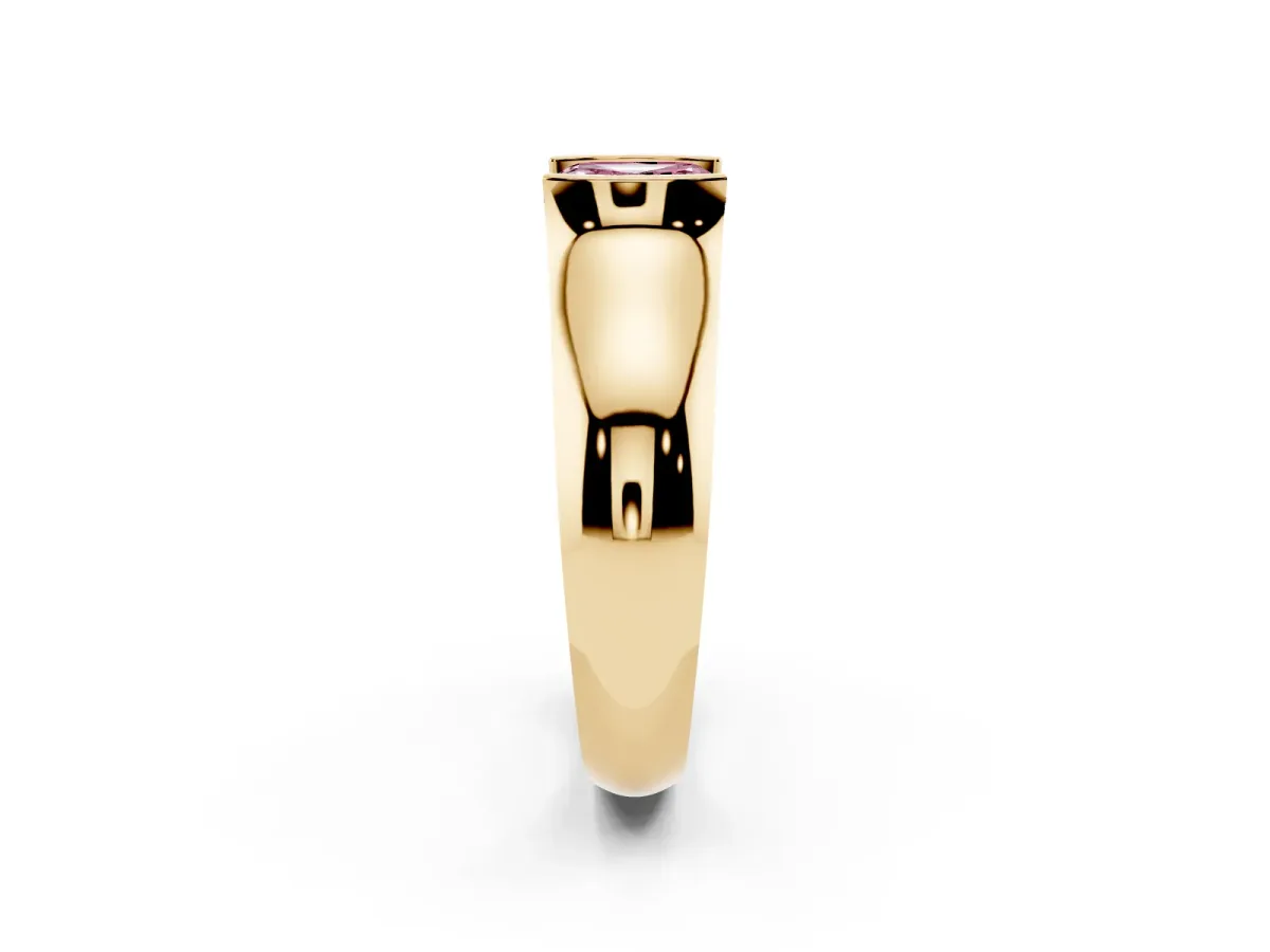 Fancy Pink Asscher Cut Solitaire Bezel Set Diamond Ring with Wide Band Yellow gold