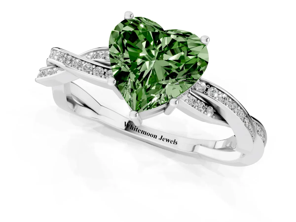 Fancy Green Heart Cut Solitaire Twisted Pave Diamond Ring with Four-Prong Setting White gold