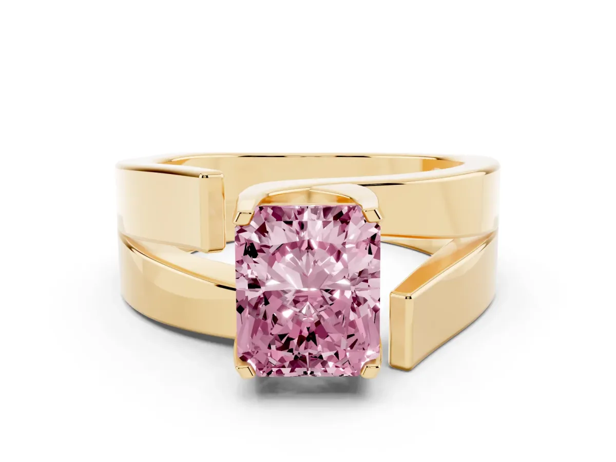 Fancy Pink Modern Tension Set Radiant Cut Diamond Solitaire Wide Band Ring Yellow gold