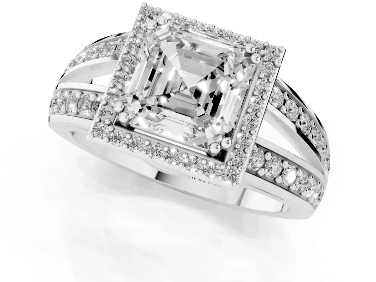 Asscher Cut Diamond Halo Ring with Split Shank Pavé Band and Four-Prong Setting White gold