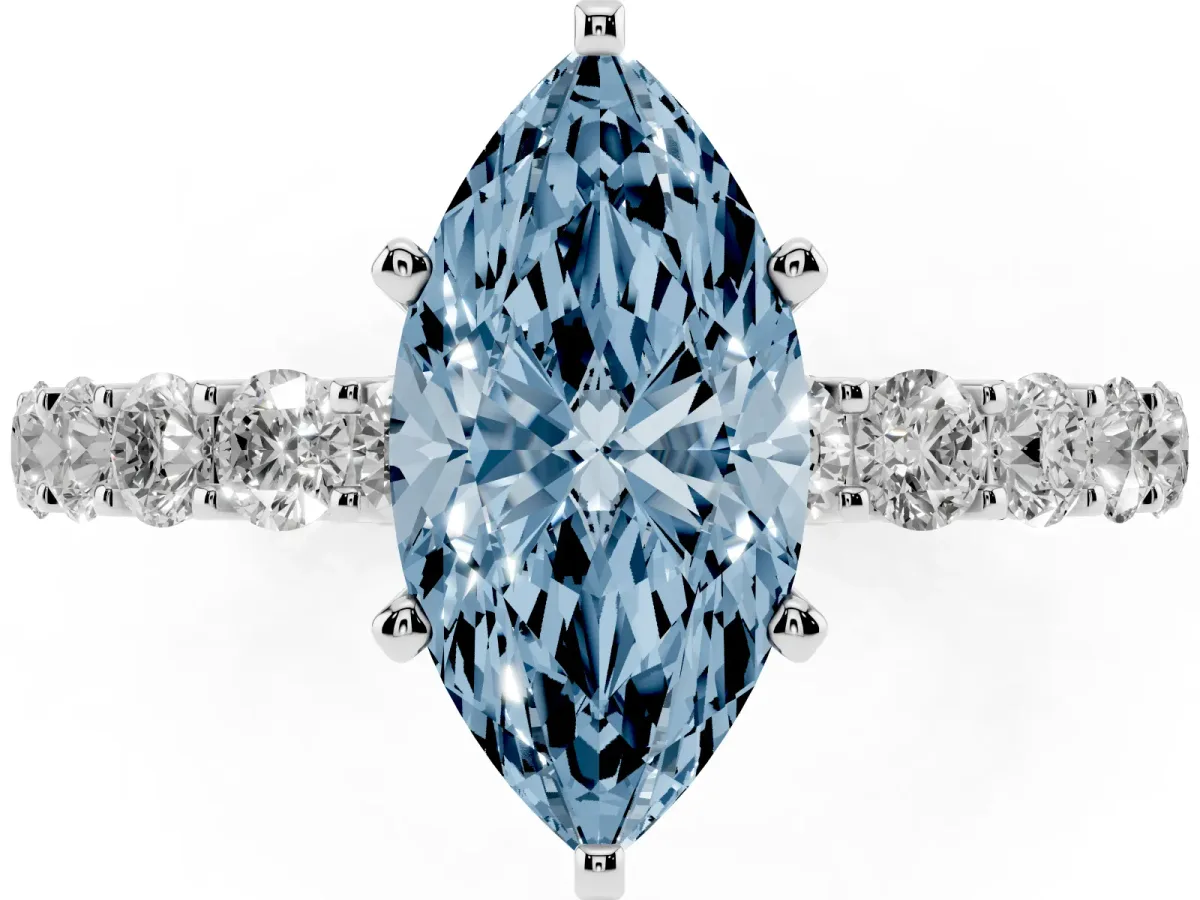 Fancy Blue Marquise Cut Diamond Solitaire Ring with Shared Prong Pavé Band and Four-Prong Setting Silver