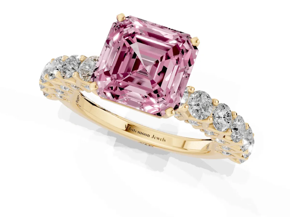 Fancy Pink Asscher Cut Diamond Solitaire Ring with Shared Prong Pavé Band and Four-Prong Setting Yellow gold