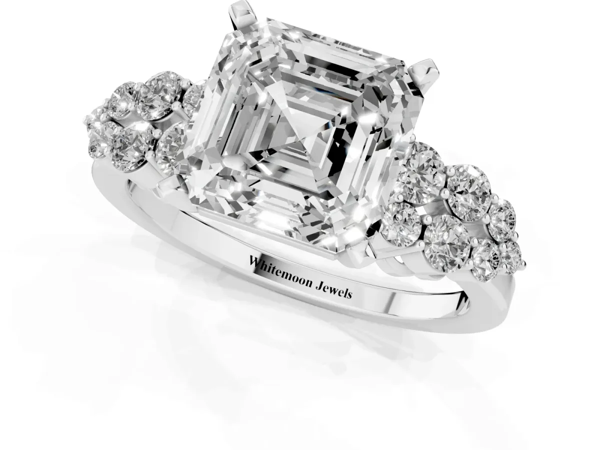 Asscher Cut Cluster Diamond Engagement Ring with Pavé Band and Four-Prong Setting Silver