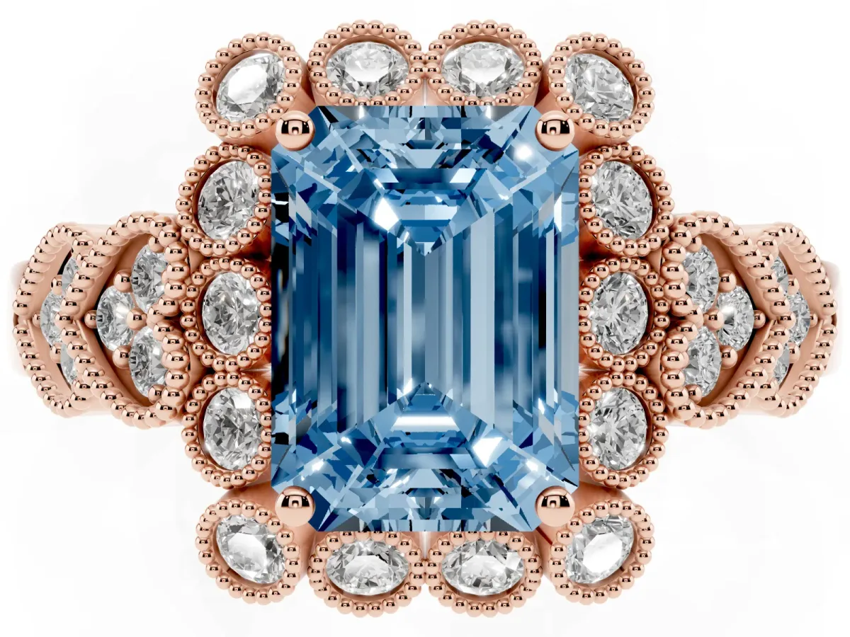 Fancy Blue Emerald Cut Brilliant Milgrain Pave Heart Band Solitaire Ring Rose gold