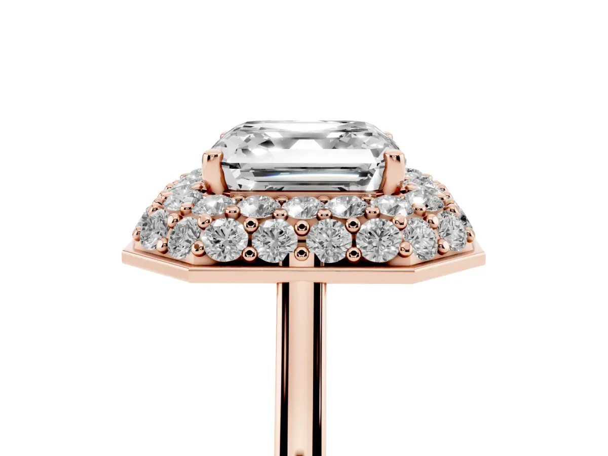 Asscher Cut Halo Diamond Engagement Ring with Solitaire Band and Four-Prong Setting Rose gold