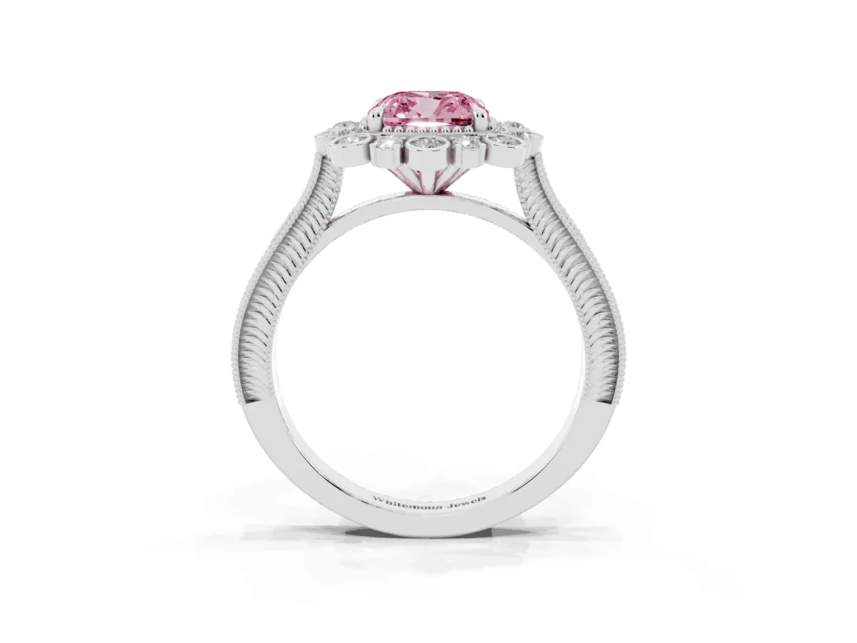 Fancy Pink Cushion Cut Halo Milgrain Pave Diamond Ring with Four-Prong Setting Silver