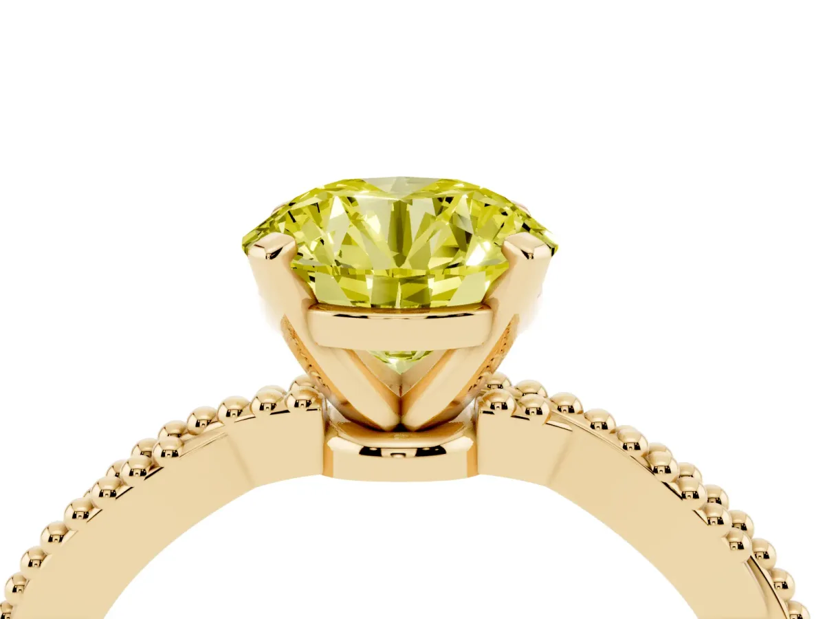 Fancy Yellow Round Cut Solitaire Twisted Band with Bead Prong Setting Yellow gold