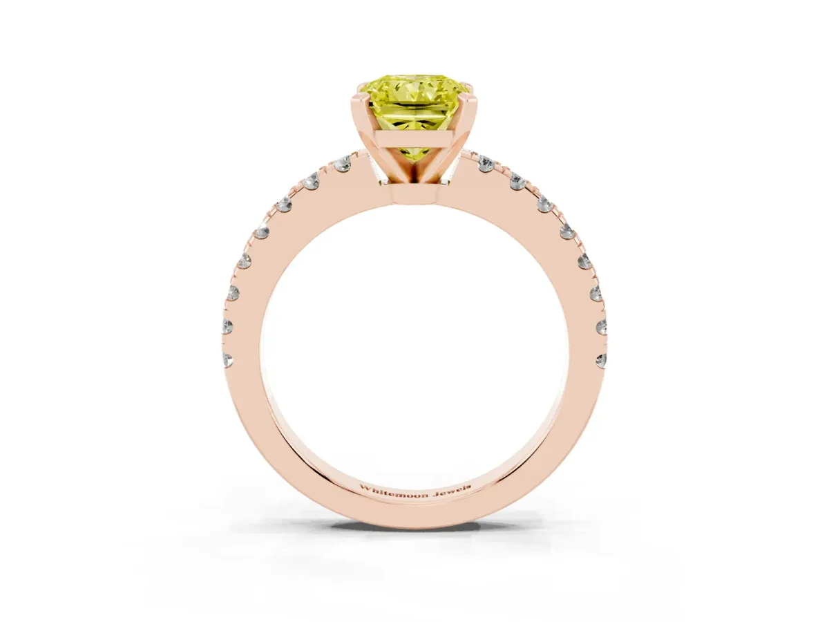 Fancy Yellow Radiant Cut Solitaire Diamond with Pavé Band and Four-Prong Setting Rose gold