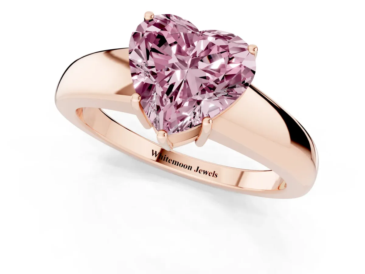 Fancy Pink Heart Cut Solitaire Diamond Ring with Tapered Band and Four-Prong Setting Rose gold