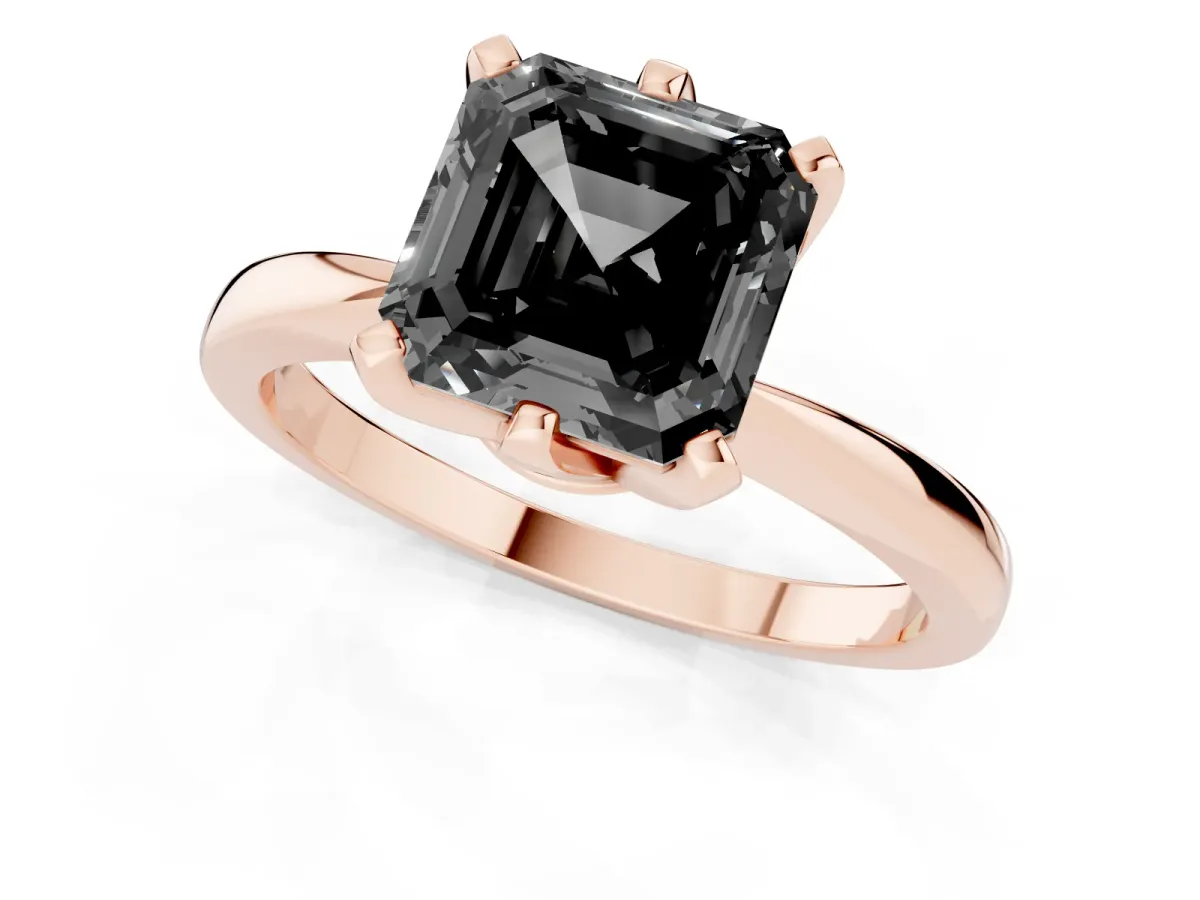 Fancy Black Asscher Cut Solitaire Engagement Ring with Six-Prong Setting and Tapered Band Rose gold