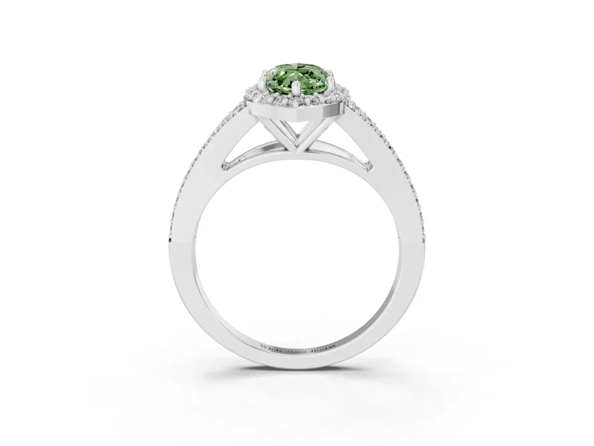 Fancy Green Marquise Cut Halo Split Shank Pave Diamond Ring with Four-Prong Setting Platinum
