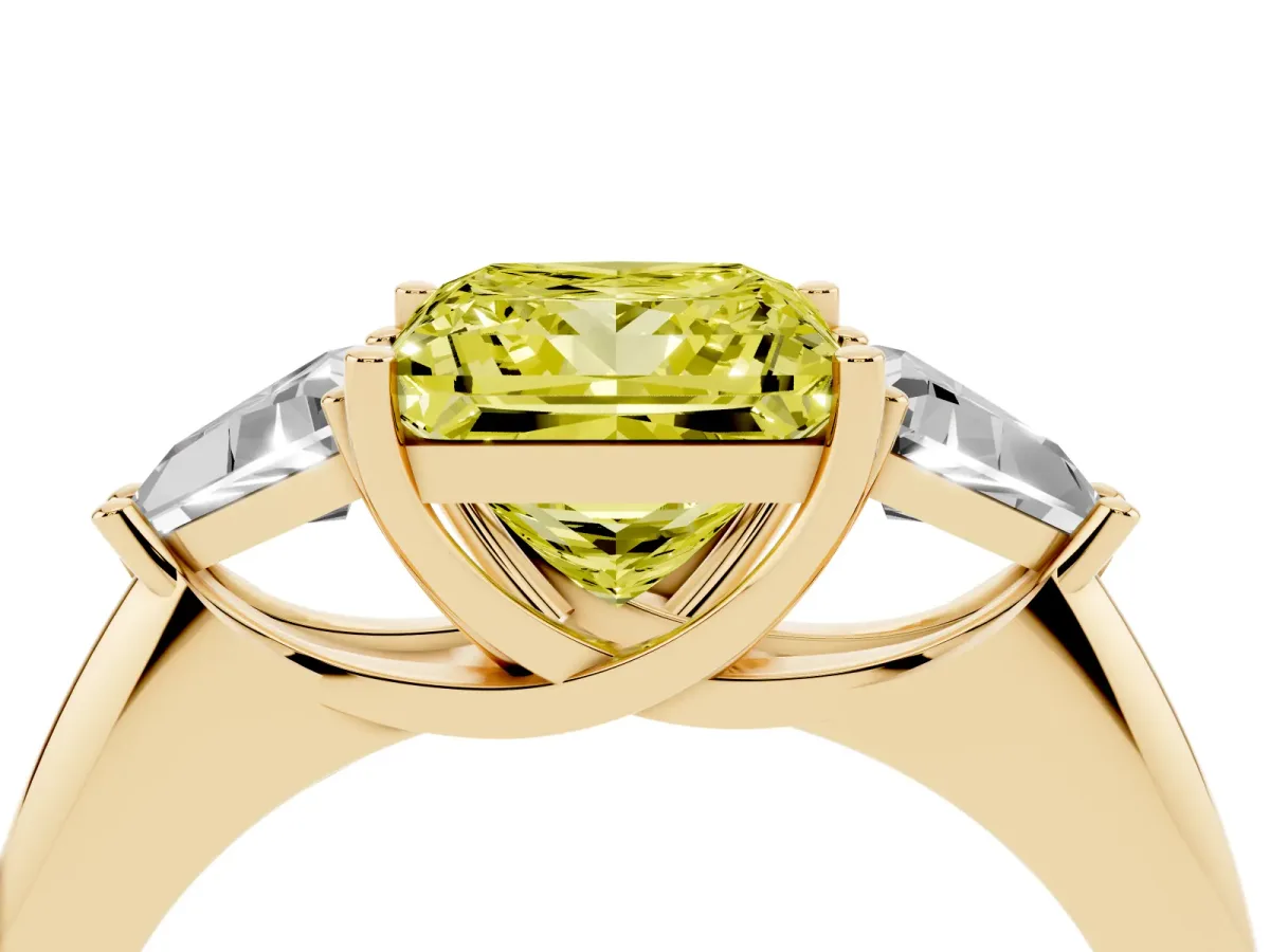 Fancy Yellow Three-Stone Princess Cut Diamond Engagement Ring with Trillion Side Stones and Prong Setting Yellow gold