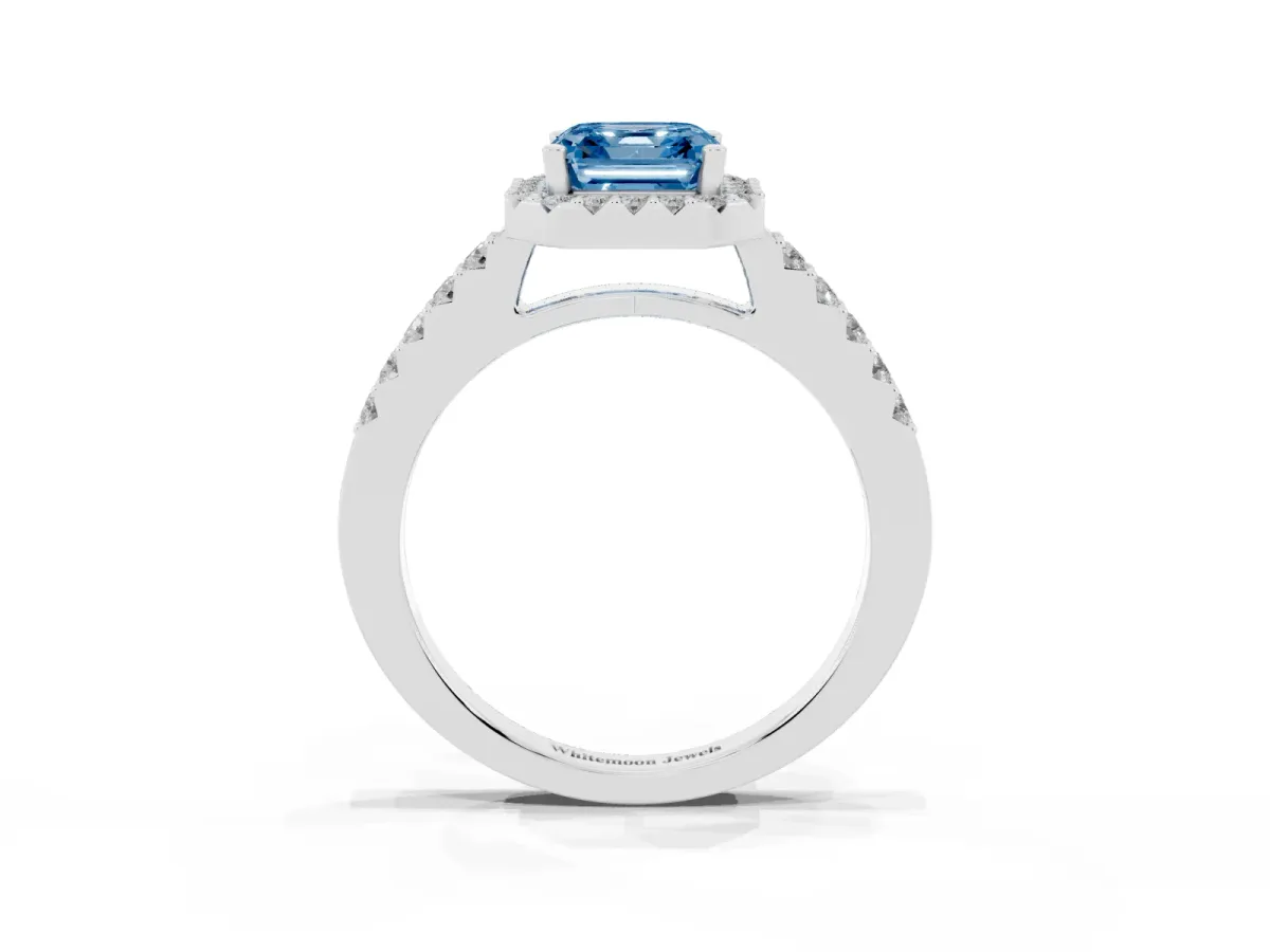 Fancy Blue Asscher Cut Halo Diamond Pavé Solitaire Ring Platinum