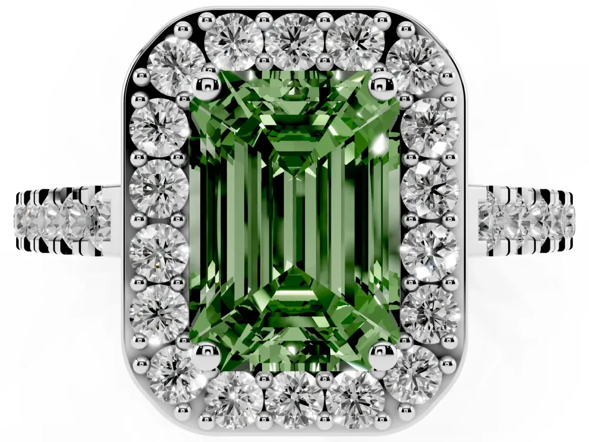 Fancy Green Emerald Cut Diamond Halo Ring with Round Pavé Split Shank and Prong Setting Platinum