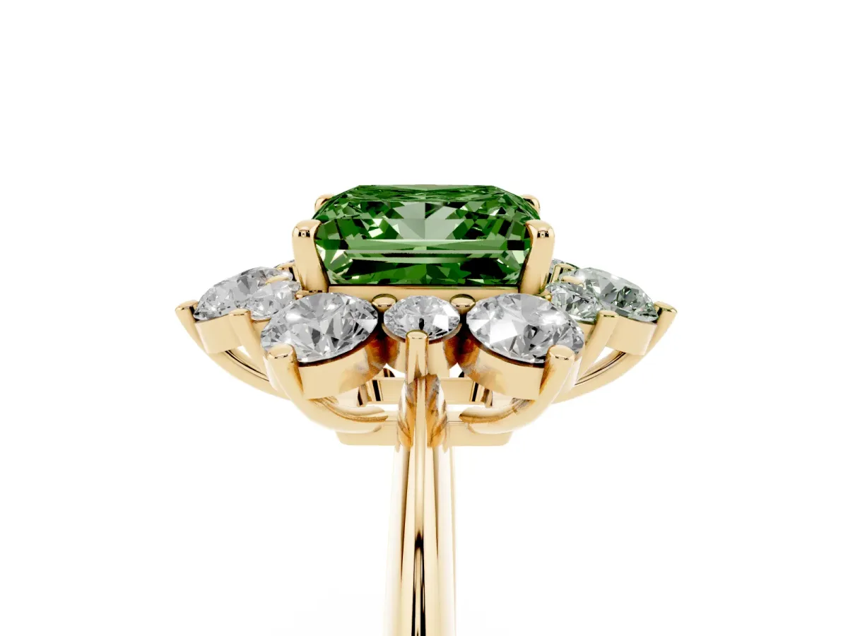 Fancy Green Princess Cut Diamond Cluster Halo Ring with Solitaire Band and Four-Prong Setting Yellow gold