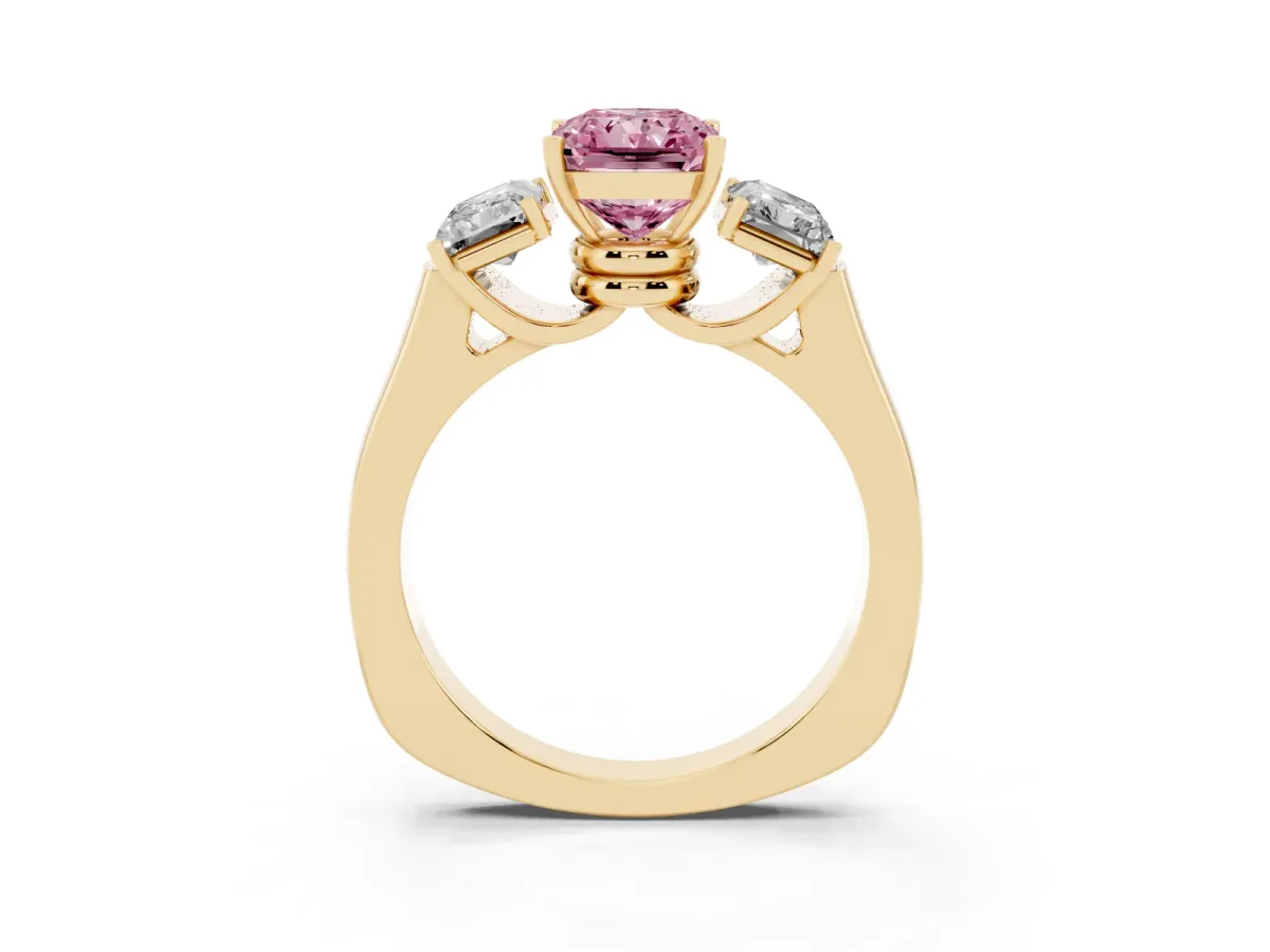 Fancy Pink Three-Stone Radiant Cut Brilliant Diamond Trellis Ring with Comfort Fit Band Yellow gold