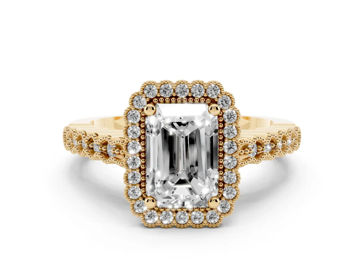 Radiant Cut Cut Halo Pavé Solitaire Ring with Milgrain Band Yellow gold
