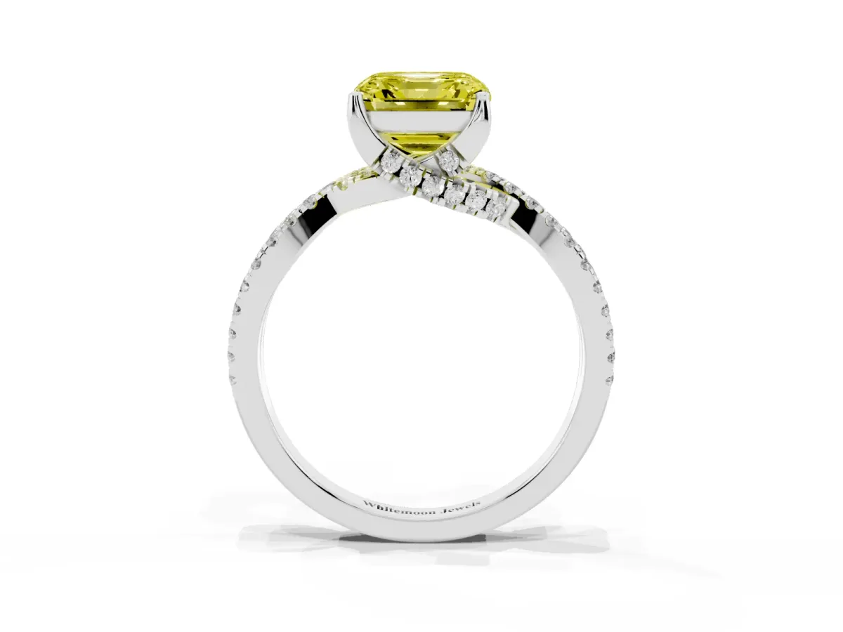 Fancy Yellow Asscher Cut Solitaire Twist Pave Diamond Engagement Ring with Prong Setting Silver