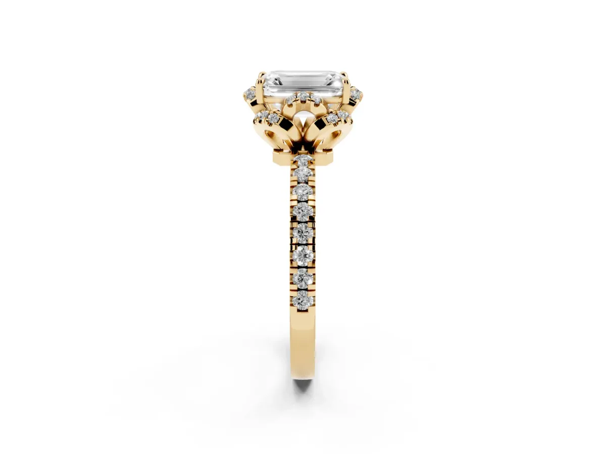 Emerald Cut Halo Diamond Pave Band Ring with Four-Prong Setting Yellow gold
