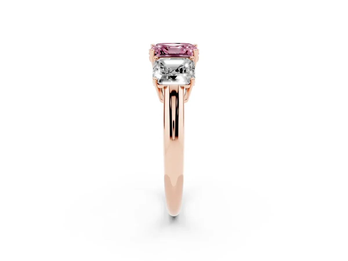 Fancy Pink Three-Stone Asscher Cut Cut Diamond Engagement Ring with Prong Setting on a White Gold Band Rose gold