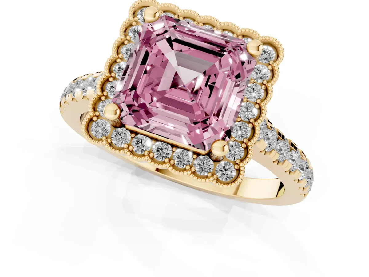 Fancy Pink Asscher Cut Cut Diamond Milgrain Floral Halo Engagement Ring with Pavé Band Yellow gold