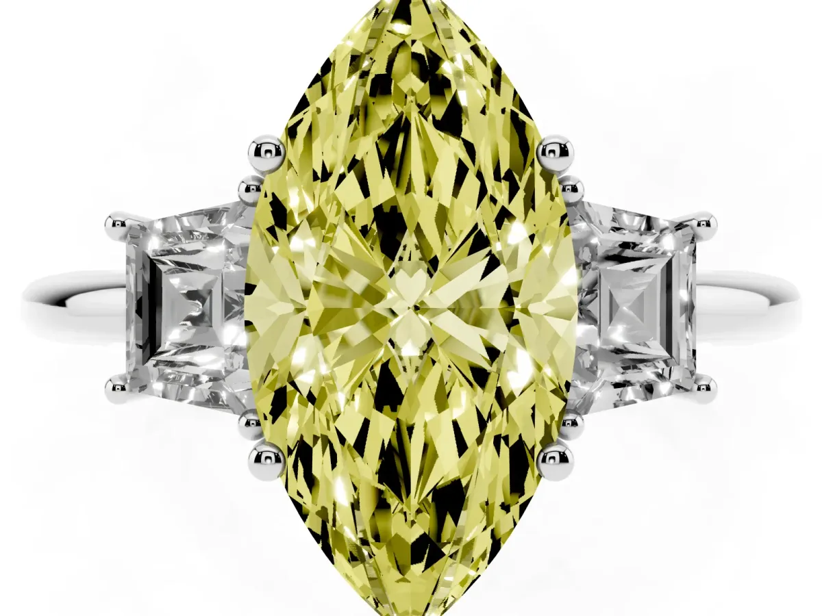 Fancy Yellow Marquise Cut Diamond Three-Stone Ring with Trapezoid Side Stones and Prong Setting Silver