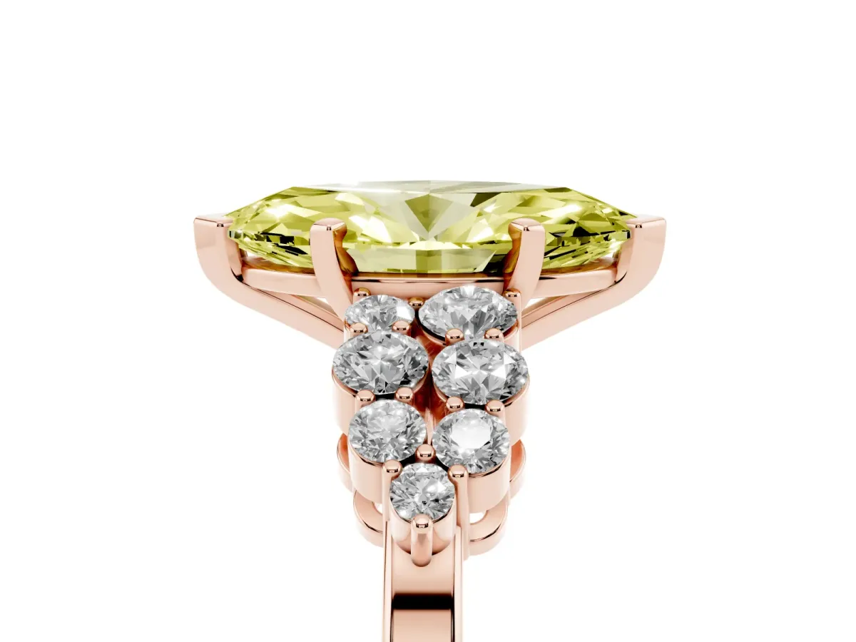 Fancy Yellow Marquise Cut Cluster Diamond Engagement Ring with Pavé Band and Four-Prong Setting Rose gold