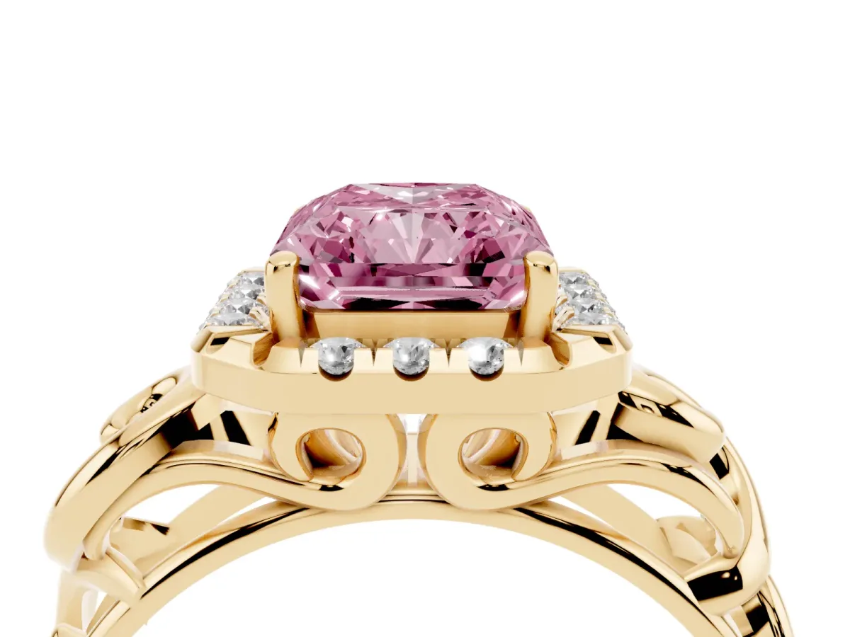Fancy Pink Radiant Cut Cut Halo Diamond Ring with Scrollwork Band and Four-Prong Setting Yellow gold
