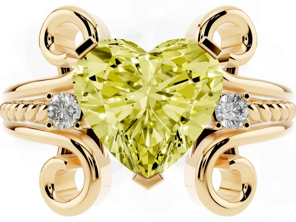 Fancy Yellow Heart Cut Solitaire Twisted Band Scroll Prong Ring Yellow gold